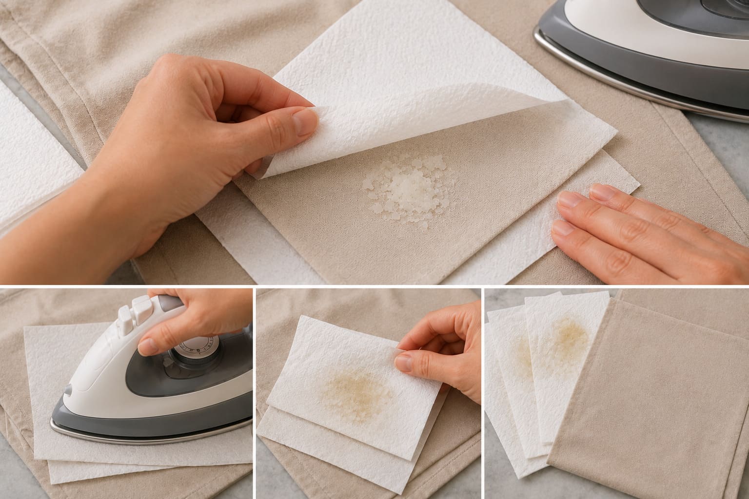 Removing candle wax from fabric by ironing it between layers of paper towel